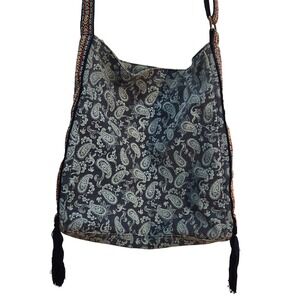 Blue Paisley Boho Hippie Crossbody Bag with Colorful Woven Strap Tassels‎